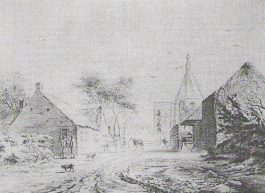 Historische tekening van het dorp bij de Ruïnekerk