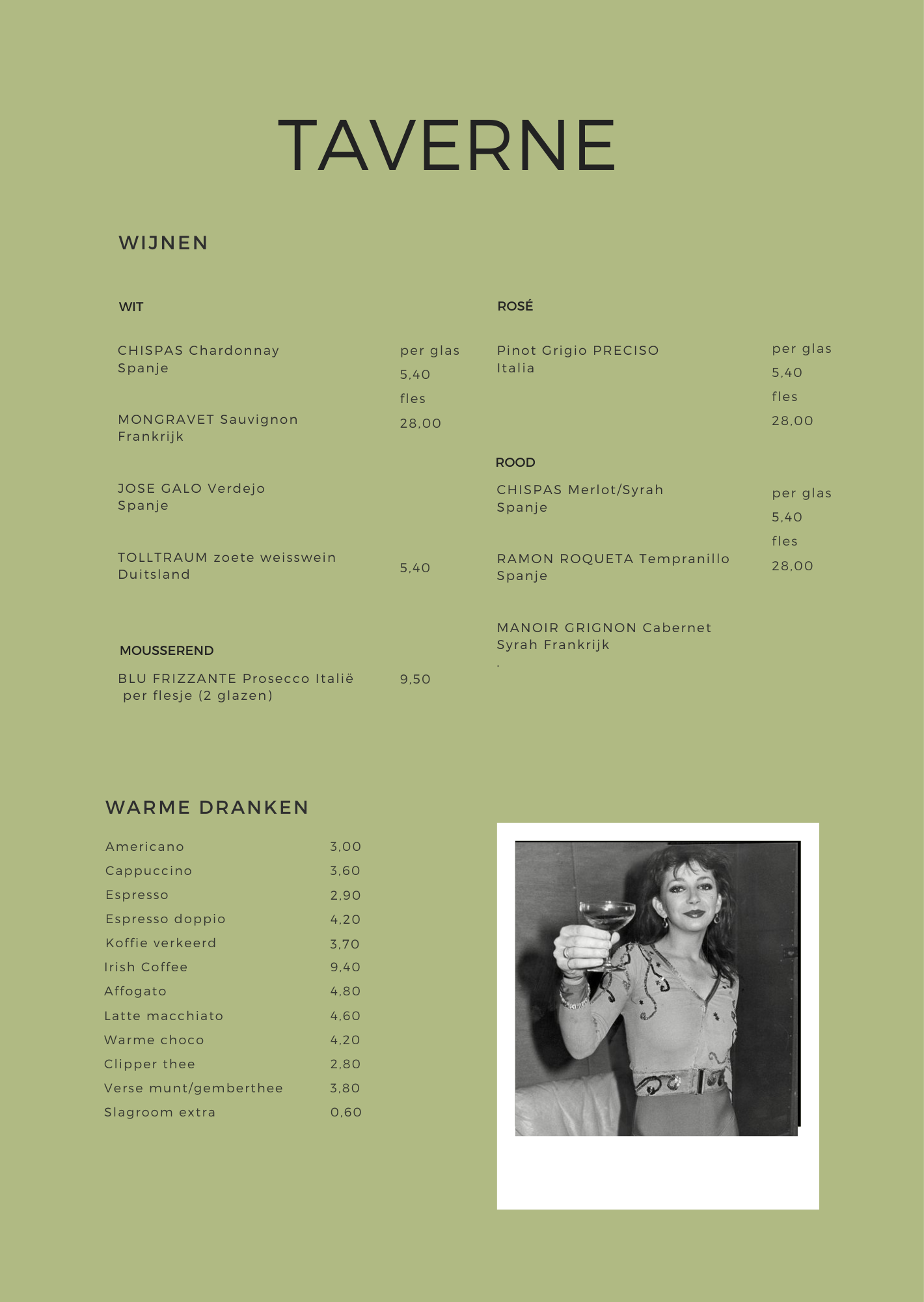 Menukaart pagina 2 – wijnen en warme dranken